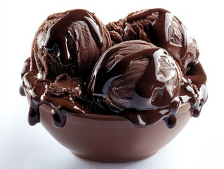 Indulgent chocolate ice cream scoops generously drizzled with rich, glossy fudge sauce in a stylish bowl, a decadent treat.
