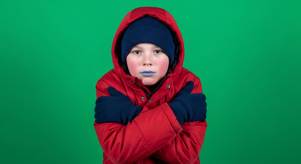 Young boy bundled in a red winter coat and beanie, shivering with cold blue lips while hugging himself for warmth against a green screen background