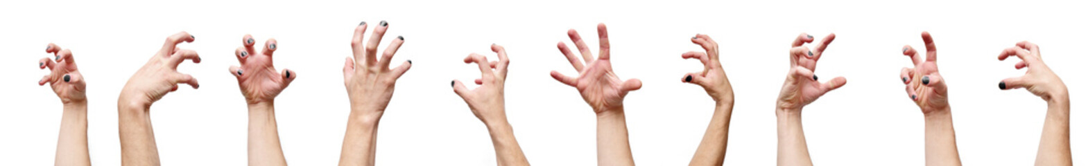Afraid halloween zombie hand, tight fingers, collection isolated on white background.
