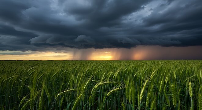 Moody Landscape With Green Crops and Gathering Storm