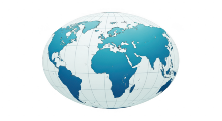 A 3d globe with continents in shades of blue and green, isolated on a transparent background
