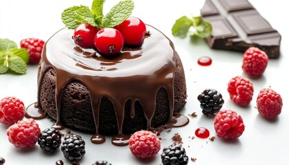 Decadent chocolate lava cake bursting with rich flavor, adorned with fresh berries and mint, perfect for dessert inspiration and culinary delight.