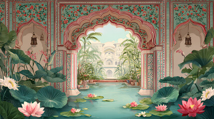 Traditional Mughal decorative arch wedding frame featuring palace garden, lotus flowers, and Pichwai art illustration Stock Illustration
