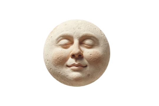 Smiling moon face sculpture with detailed textured surface on black background, cut out