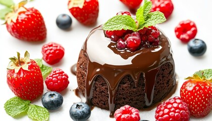 Indulge in a decadent chocolate lava cake crowned with fresh berries and mint, a perfect treat for any celebration or moment of pure delight.