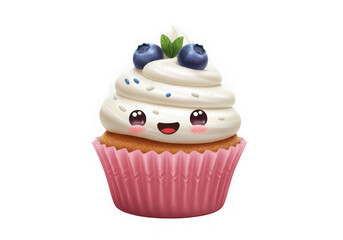 Cute kawaii cupcake with blueberries isolated on transparent background