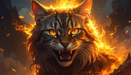 Fiery cat portrait in flames