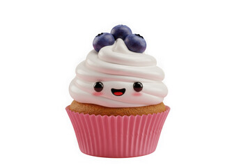 Cute kawaii cupcake with blueberries isolated on transparent background