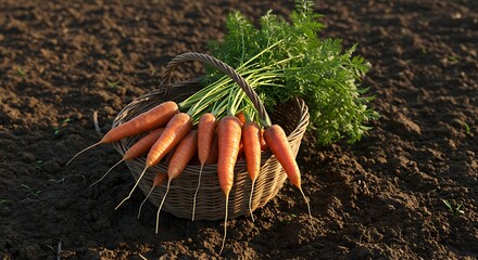 Wicker basket overflowing with just-harvested carrots, complete with soil and green tops, set against a blurred background of a lush vegetable garden