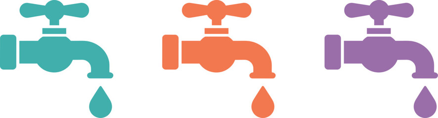 faucet, water, droplet, leak, conservation, plumbing, colorful, teal, orange, purple, tap, drip, hygiene, utility, illustration, stylized, design, household, liquid, resource