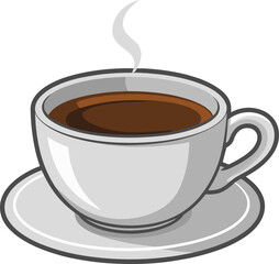 Steaming coffee cup front view, white ceramic mug on saucer, hot beverage icon, morning drink symbol, caffeine vector illustration design