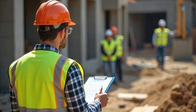 Safety inspector in orange hard hat, yellow vest checks clipboard at construction site. Diligence, compliance focused. Occupational health, workplace safety awareness. Men at work visible in