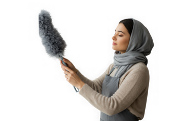 Woman in hijab cleaning with a duster isolated on transparent background