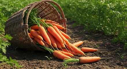 A bounty of vibrant orange carrots with green tops, freshly harvested and placed in a woven basket. Close-up on a sunny farm with rich soil background