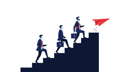 Fototapeta premium Businessmen ascending stairs with a red paper airplane leading the way to success.