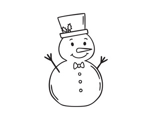 snowman with hat carrot nose and bow tie. monochrome line art, monochrome line art, clean outline, hand drawn, monochrome line art doodle hand drawn cartoon icon element