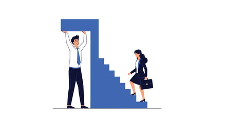 A man supports a woman climbing stairs towards career advancement.