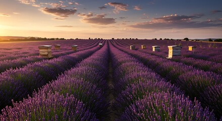 Beehives nestled in a vast, blooming lavender field during a picturesque sunset. A beautiful depiction of organic honey farming and natural aromatherapy