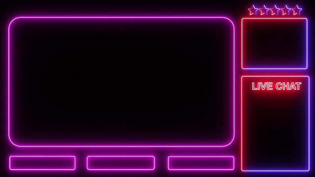 Intermission Stream Overlay Animated, Neon Sign looping facecam and chat for live streaming ,Frame border HUD element. HUD viewfinder. Intermission Stream Overlay Animation