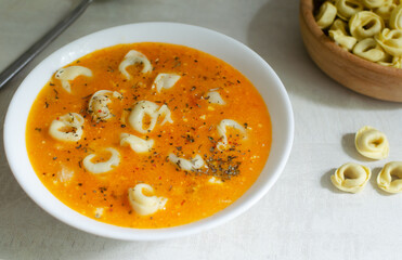 Tortellini soup with onion, garlic, celery, tomatoes and parmesan. Traditional Italian food concept. Selective focus. Horizontal orientation.