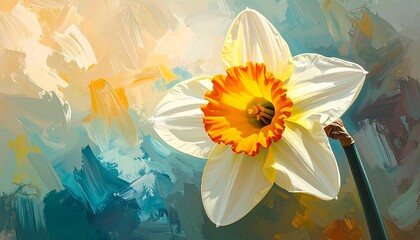 A single daffodil, painted in a vibrant impasto style, against a colorful, textured background © taeh
