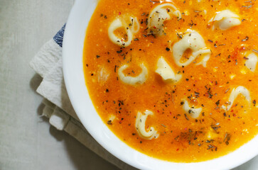 Tortellini soup with onion, garlic, celery, tomatoes and parmesan. Traditional Italian food concept. Selective focus. Horizontal orientation. Top view
