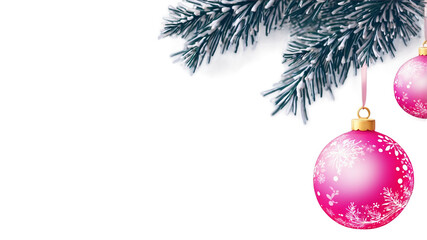 Pink Christmas baubles on pine branch – modern festive decoration