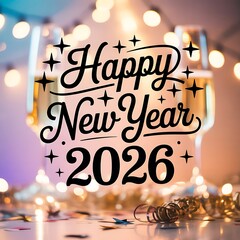  a celebratory happy new year 2026 image featuring champagne glasses, sparkling lights, and confetti, creating a festive atmosphere