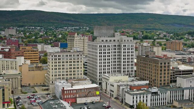 An aerial view of the city of reading, pennsylvania on a cloudy day
