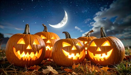 Illuminated jack-o'-lanterns under a night sky