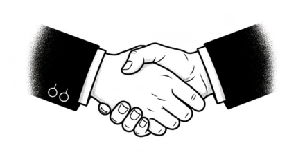 Two business people shake hands firmly, symbolizing agreement and a successful partnership in a black and white illustration isolated on transparent background