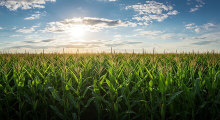 Serene summer landscape of a cornfield at sunset. The bright sun illuminates the vibrant green stalks and the beautiful wispy clouds above