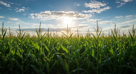 Lush green corn plants stretch towards the horizon in a rural agricultural landscape at dusk. A beautiful summer evening on the farm
