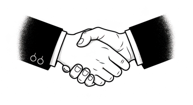 Two business people shake hands firmly, symbolizing agreement and a successful partnership in a black and white illustration isolated on transparent background