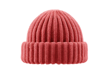 Warm pink knitted beanie hat on black background, cut out
