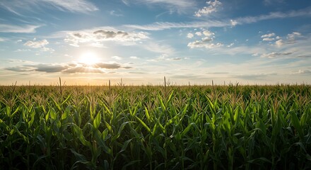 Golden sunset over a vast green cornfield. The sun dips below the horizon, casting warm light on the crops under a dramatic, cloudy sky