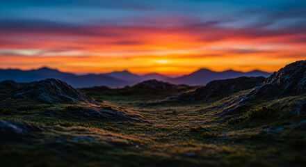 Obraz premium Dramatic and colorful sunset sky over a serene mountain valley landscape