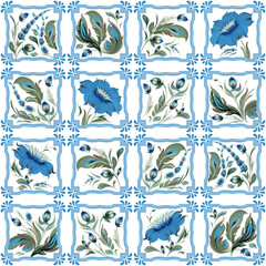 Seamless patchwork pattern of blue and white tiles with ornate flowers and frames