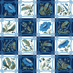 Seamless checkered patchwork pattern of blue and white tiles with ornate flowers and frames