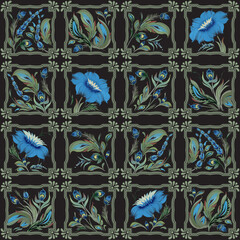Seamless patchwork pattern of and black tiles with ornate flowers and green frames