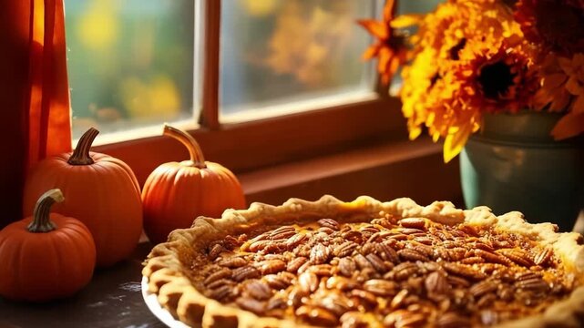 Warm autumn scene featuring a freshly baked pecan pie on a rustic table, surrounded by vibrant pumpkins and sunflowers, capturing the essence of Halloween festivities and seasonal warmth