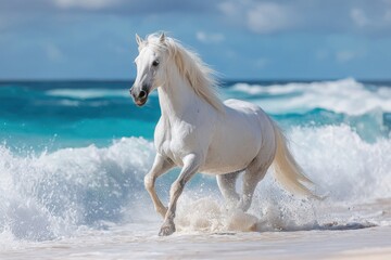 Obraz premium Majestic white horse running through ocean waves on a tropical beach