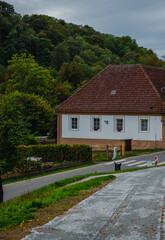 A traditional white house with a brown tiled roof standing by a quiet asphalt road at the foot of a dense forest hill, featuring a pedestrian crossing and autumn colors in the garden.