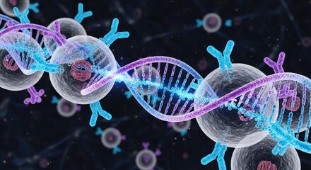 Detailed 3D rendering displaying DNA strands interacting with cells and antibodies highlighting