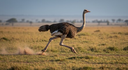 Fototapeta premium Captivating Ostrich Galloping Across the Serene African Savanna Landscape