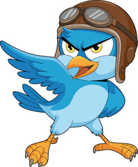 Cartoon blue bird illustration, aviator helmet, expressive character design, adventurous mascot, dynamic pose, animated avian artwork, children’s book style