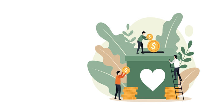 People donating money to a charity box with a heart symbol and coins piled up representing generosity and giving