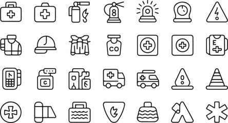 Collection of emergency and medical icons in a simple outline style medical kit first aid box