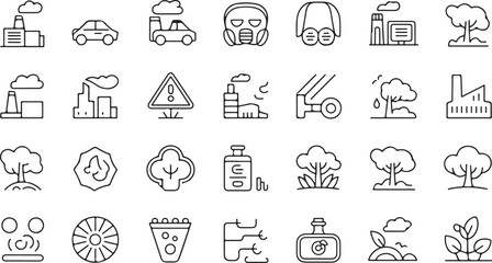 Collection of environmental pollution and nature icons factory gas mask