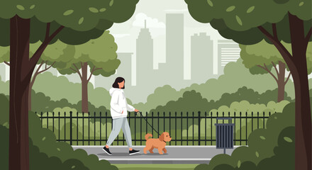 A Woman Enjoys a Serene Walk with Her Adorable Dog in a Lush City Park Surrounded by Trees and Buildings
